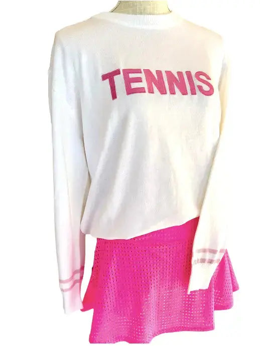 Stay cozy & stylish on the court with our White Tennis Sweater featuring hot pink tennis embroidery. Fashionable & functional. Shop now