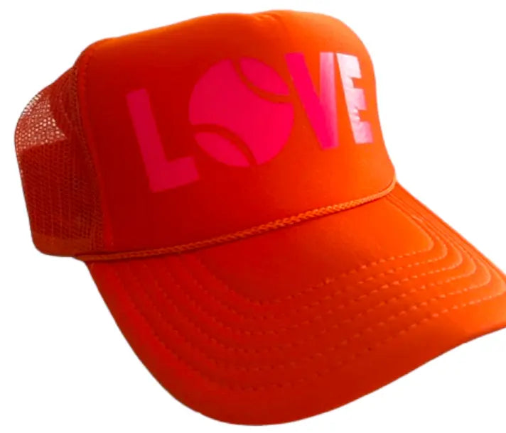 Shop these Tennis hats in orange color with pink lettering. These stylish, colorful hats will offer exceptional sun protection.