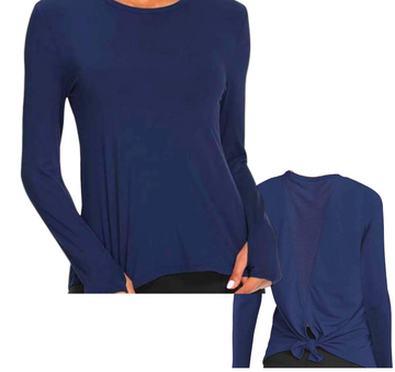 Classic High Neck Mesh Panel Back Long Sleeve - Navy