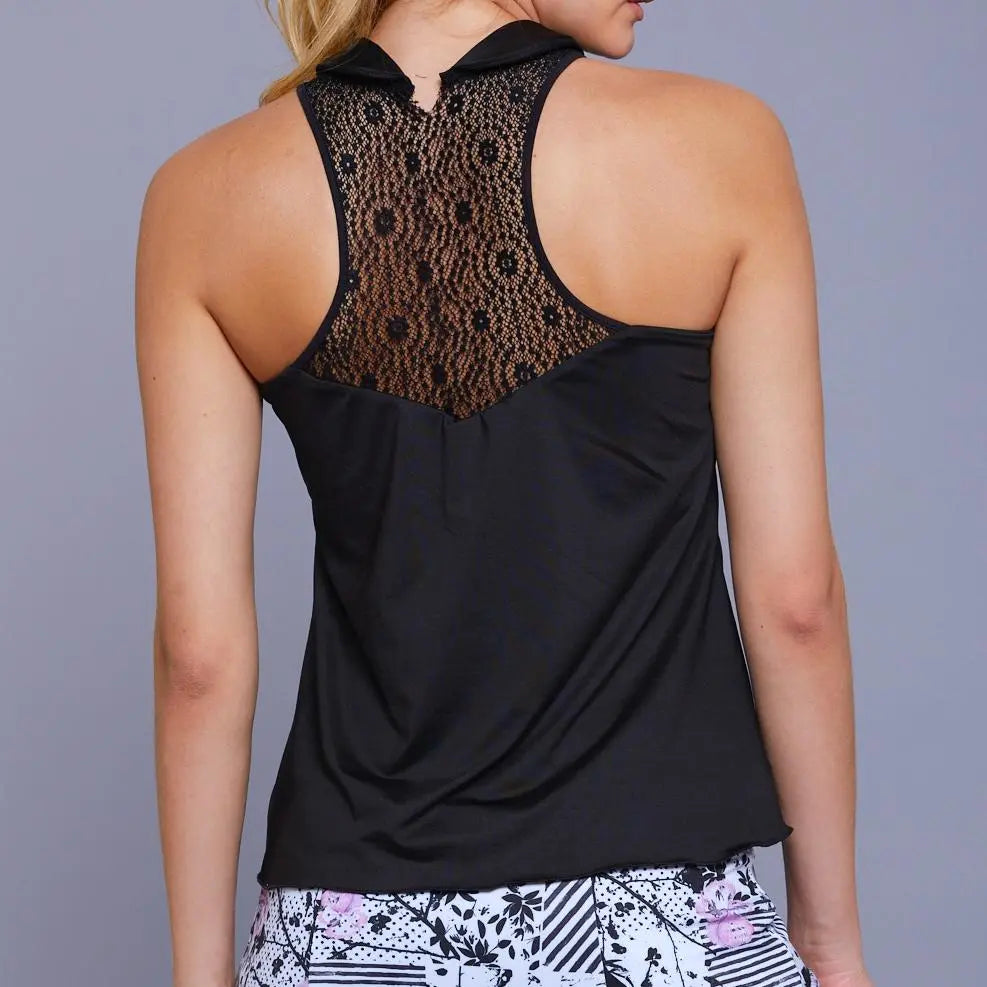 Shop online Lace Tennis tank top in Black from Runway Athletics. Sleeveless Collar Tennis Tank Top with an elegant high neckline and small pointed collar.