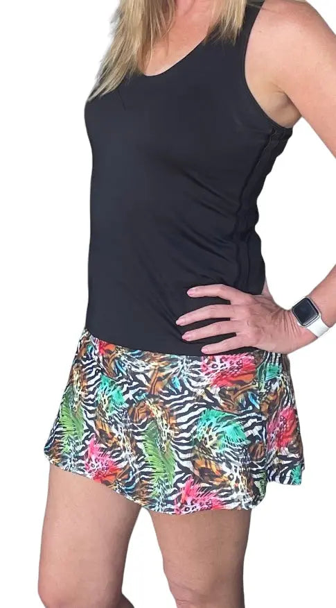 Zebra Animal Print Tennis Skort- Runway Athletics. Ultra-high compression classic black under-short with comfort gusset.