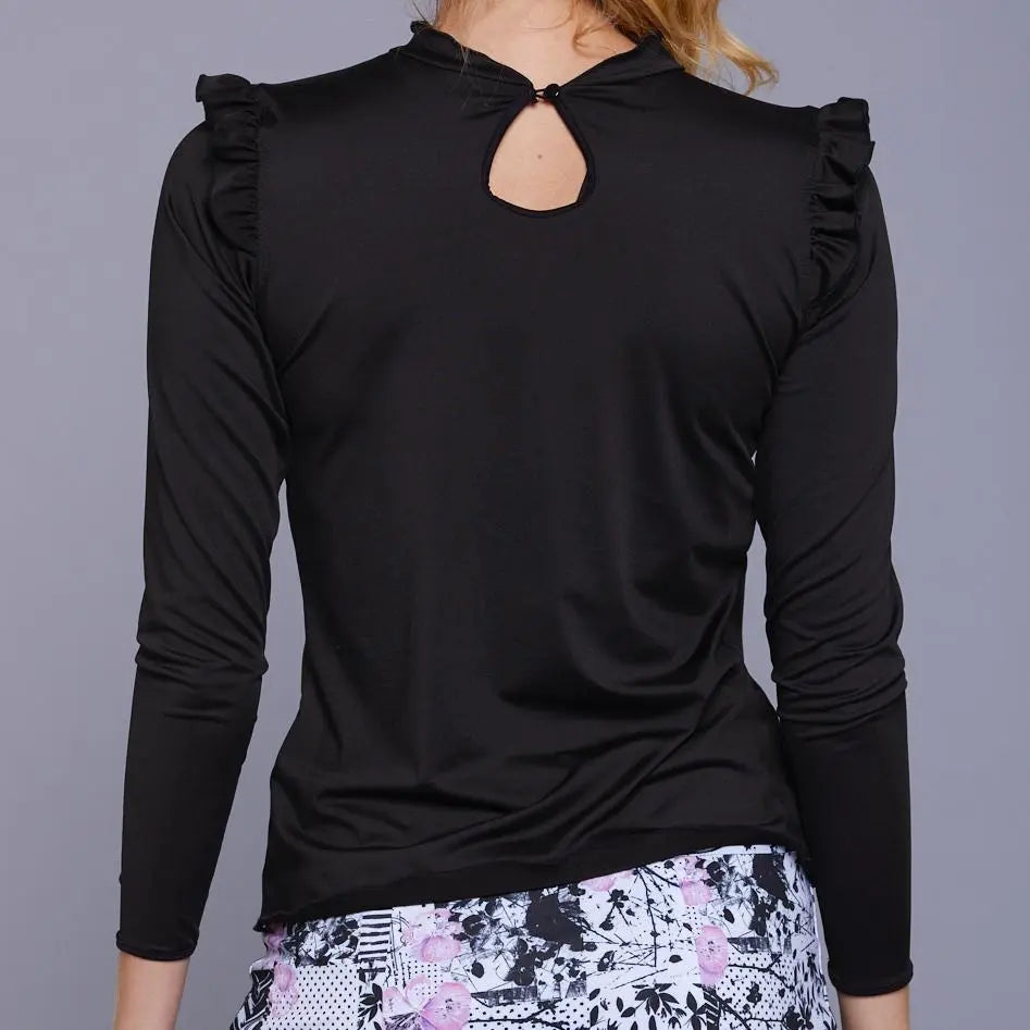Denise Cronwall Flutter black long sleeve top- Runway Athletics. Unique silhouette, Fitted around the bust and loose around the torso.
