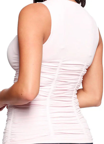 Sports bra tank top in light pink- Runway Athletics. Our Ruched Court Tank is a must for ultra-flattering lightweight wear on and off the court.