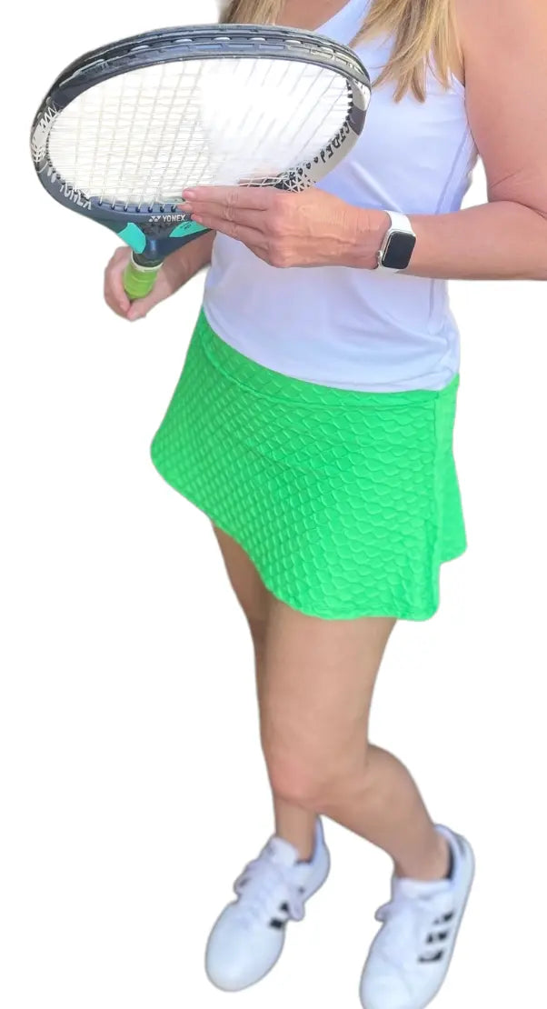 Neon Green Workout Skirt from Runway Athletics. The A-line skirt design provides a flattering, high-quality fit for all body types.