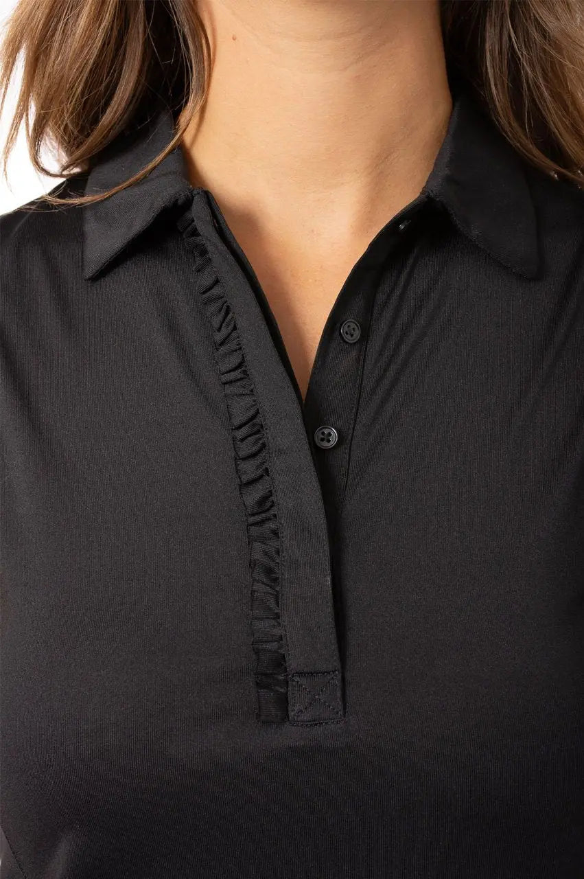 Sleeveless polo shirt in Black- Runway Athletics. The subtle ruffle makes this stylish top the perfect choice for the feminine golfer