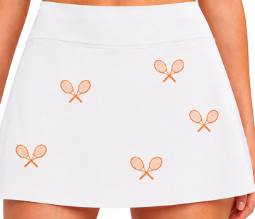 All Over Racquets High Waisted Tennis Skirt With Pockets White Navy Racquet Print For On Court Performance Comfort