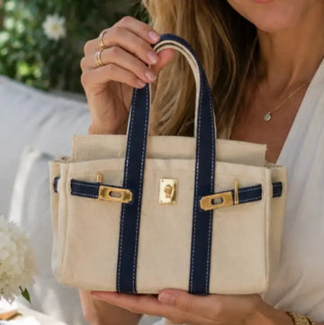 Canvas Boatkin MINI Handbag with Navy Trim & Gold Hardware