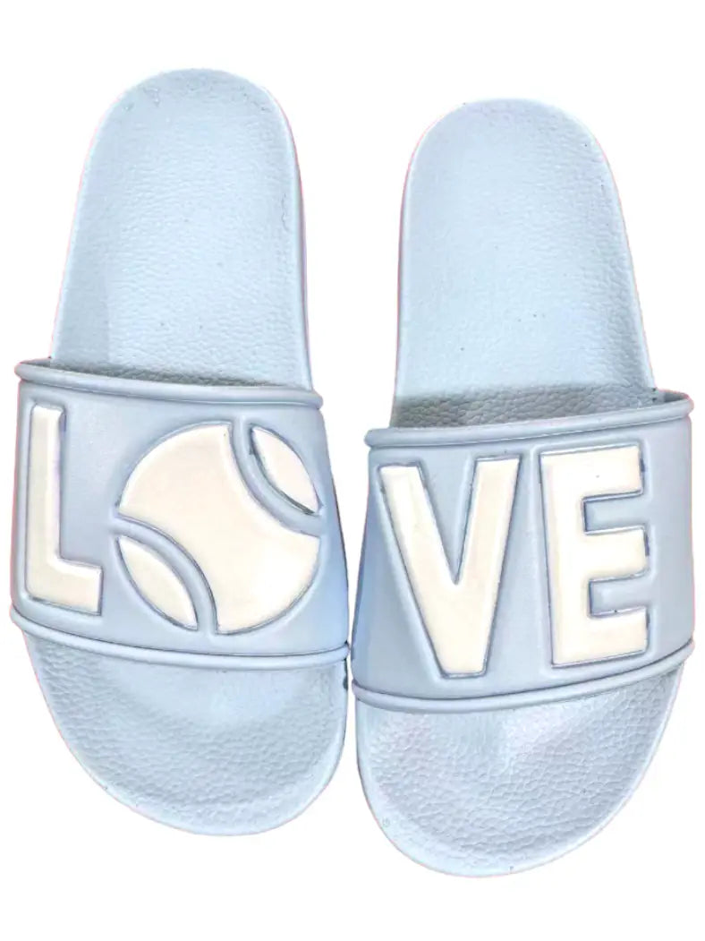 Tennis LOVE After Play Tennis Slides - Baby Blue & White