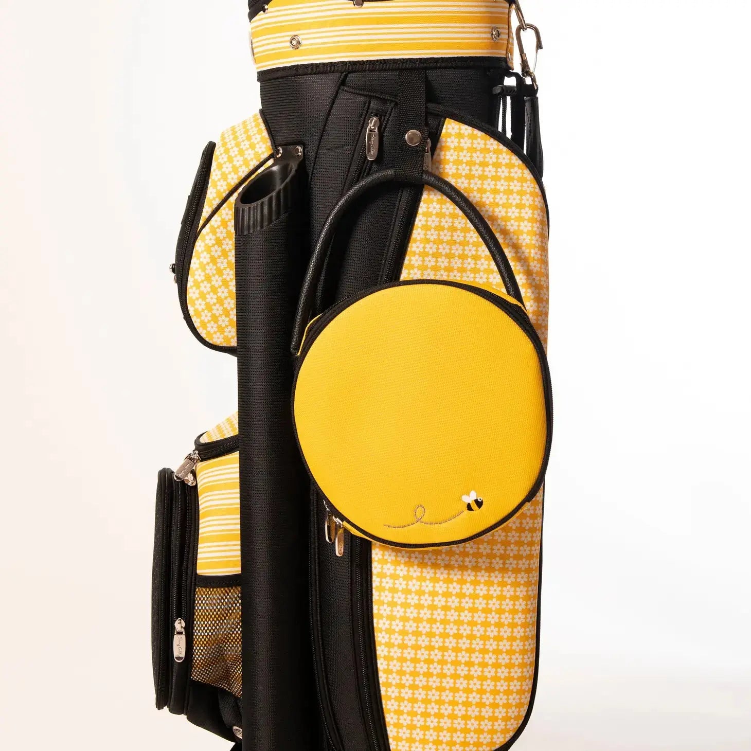 Daisy Golf Cart Bag from Runway Athletics. This playful daisy print, along with our black honeycomb fabric, is a striking combination.