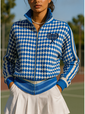 Prepster Print Zip Up Tennis Cardigan- Blue