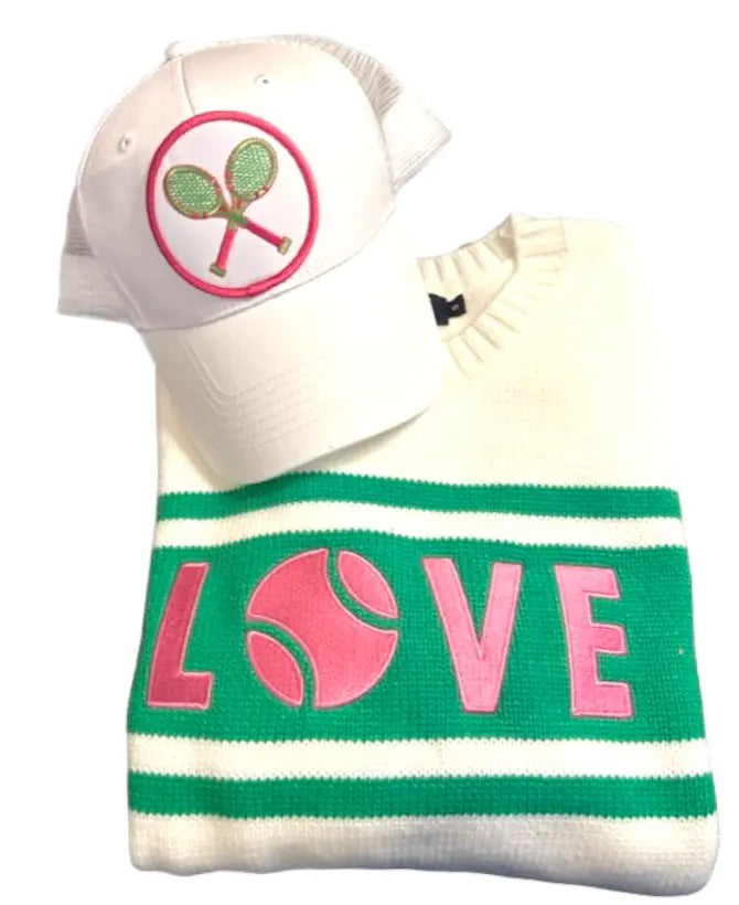 Tory Burch Love sweater in White and green from Rumway Athletics. With hot pink embroidered appliqué it has a Relaxed fit.