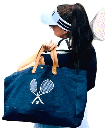 Shop this Tennis Lover Embroidered denim tote bag. Beautifully embroidered tote with white silk thread on linen denim exterior 