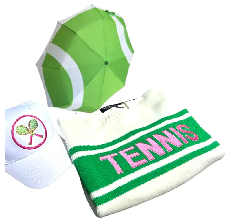 Beautiful gifts for tennis players. Our top selling Tennis Sweater, combined with our exclusive umbrella and embroidered patch hat.