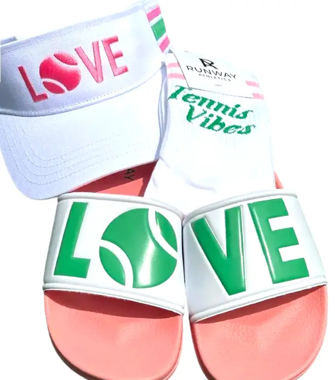 Shop this Tennis gift set from Runway Athletics. It includes Cotton canvas visor, cotton tube socks, and our exclusive slides