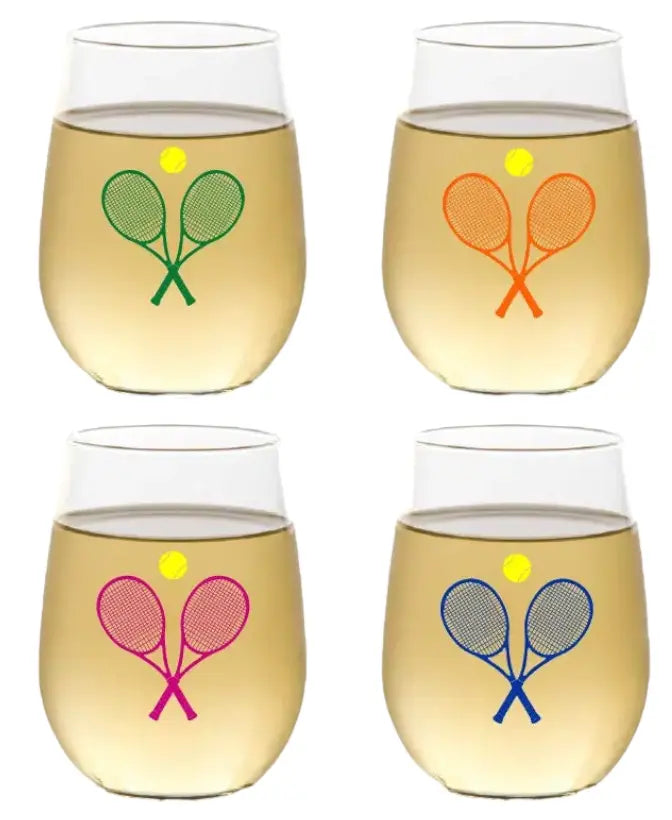 Wine Tumbler Set- Runway Athletics. Shatterproof Stemless Wine glasses with different colored racquets on each glass. 