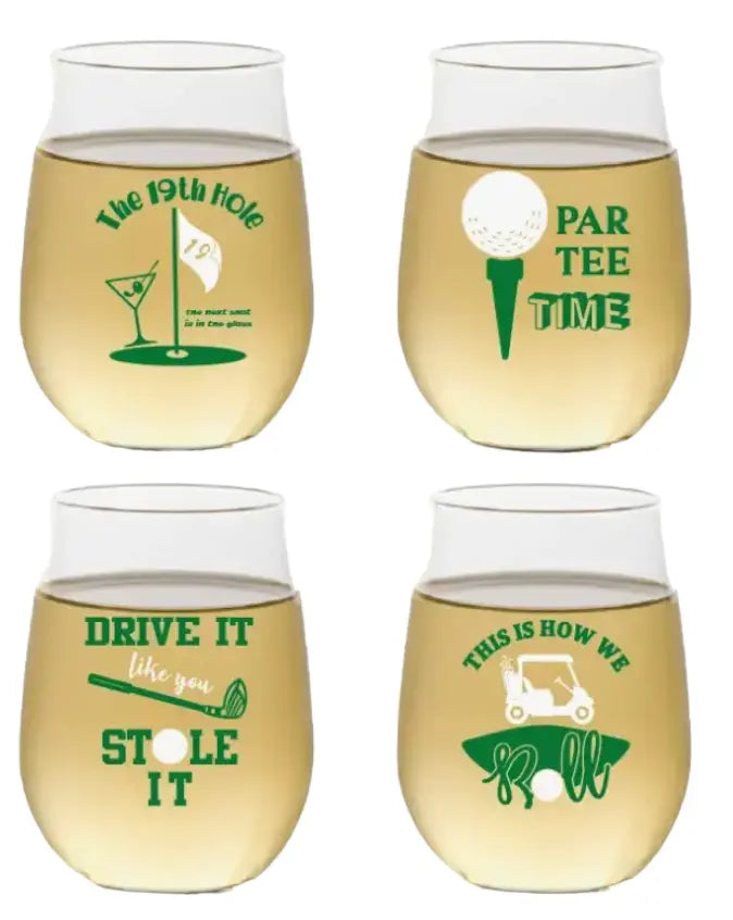Golf Tumblers Set- Runway Athletics. 16 oz. Shatterproof Stemless Wine Tumbler. Made with the highest quality, crystal clear, BPA-free PET polymer.