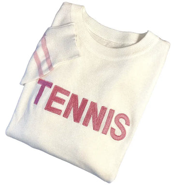 Stay cozy & stylish on the court with our White Tennis Sweater featuring hot pink tennis embroidery. Fashionable & functional. Shop now