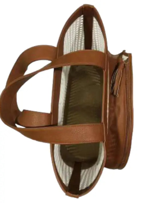 Tennis tote mixed with leather & tennis functionality. Waxed natural durable rattan exterior, leather shoulder straps