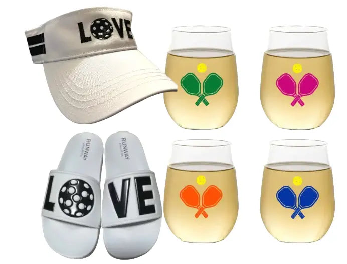 Pickleball gifts for your partner. Adorable un-breakable cocktail tumblers, Exclusive embroidered cotton canvas visor, & slides.