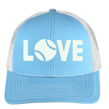 Tennis Love Twill Trucker Cap - Baby Blue and White