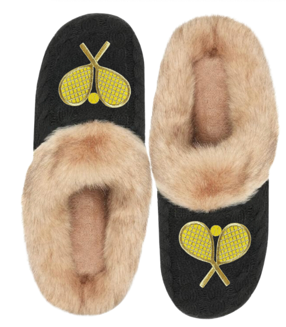 Double Trouble Faux Fur Slippers - Gold Racquets