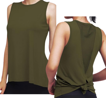 Classic High Neck Mesh Panel Back Tank - Army Green