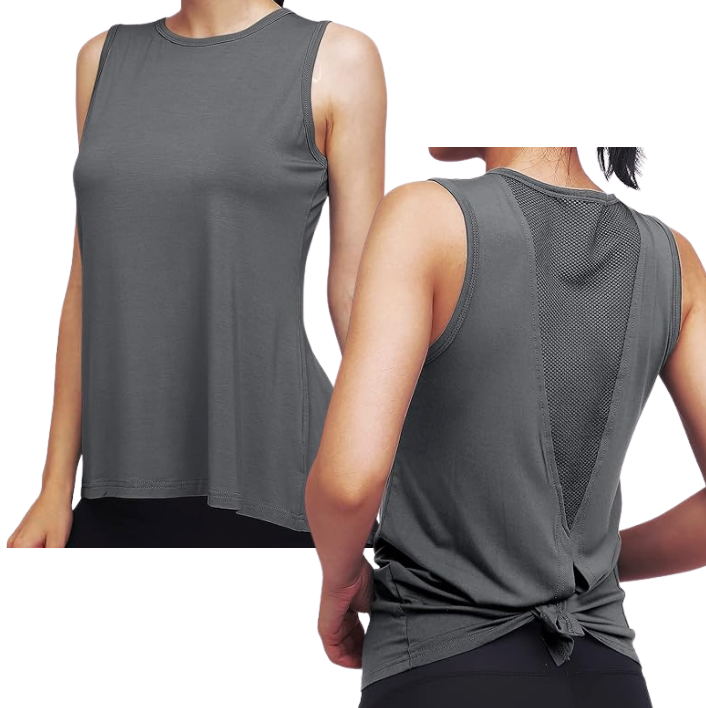 Classic High Neck Mesh Panel Back Tank - Grey