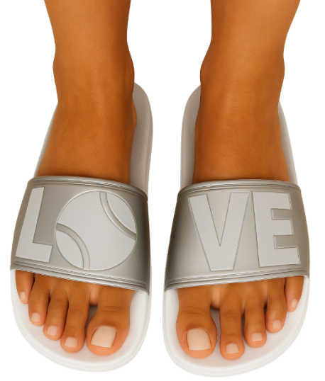Tennis LOVE After Play Slides - Metallic Silver