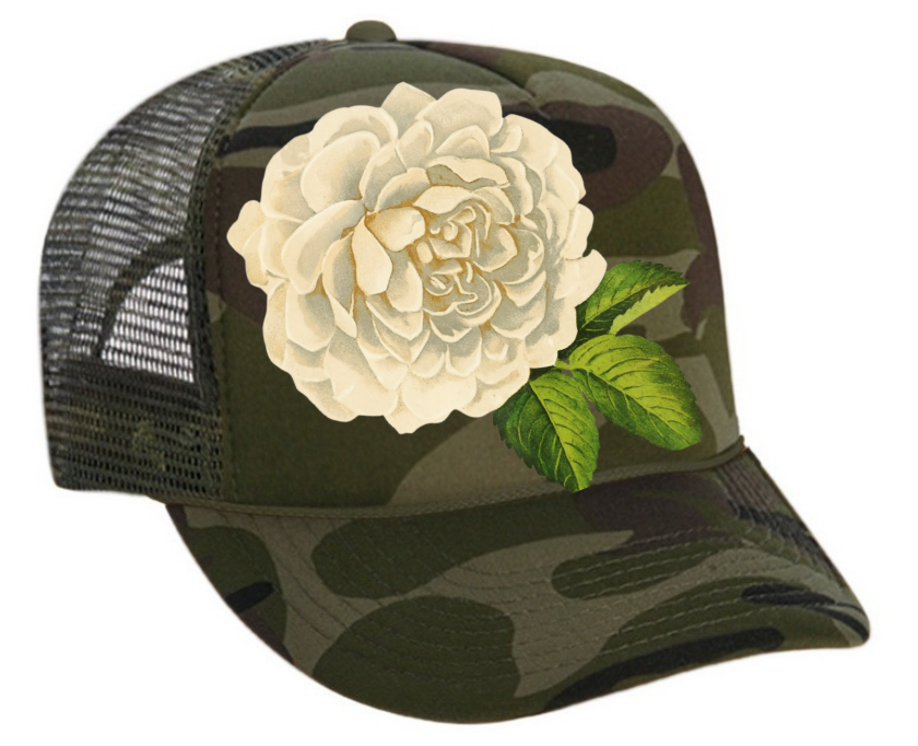 Runway Flower Power Camo Trucker Hat - White Flower