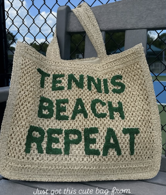 Crocheted Straw Tote Bag - "Tennis, Beach, Repeat"