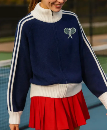 Zip Up Tennis Cardigan - Navy/White 
