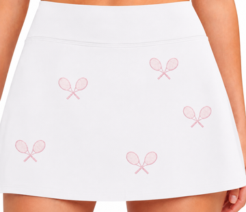 All Over Racquets High Waisted Tennis Skirt With Pockets White Navy Racquet Print For On Court Performance Comfort