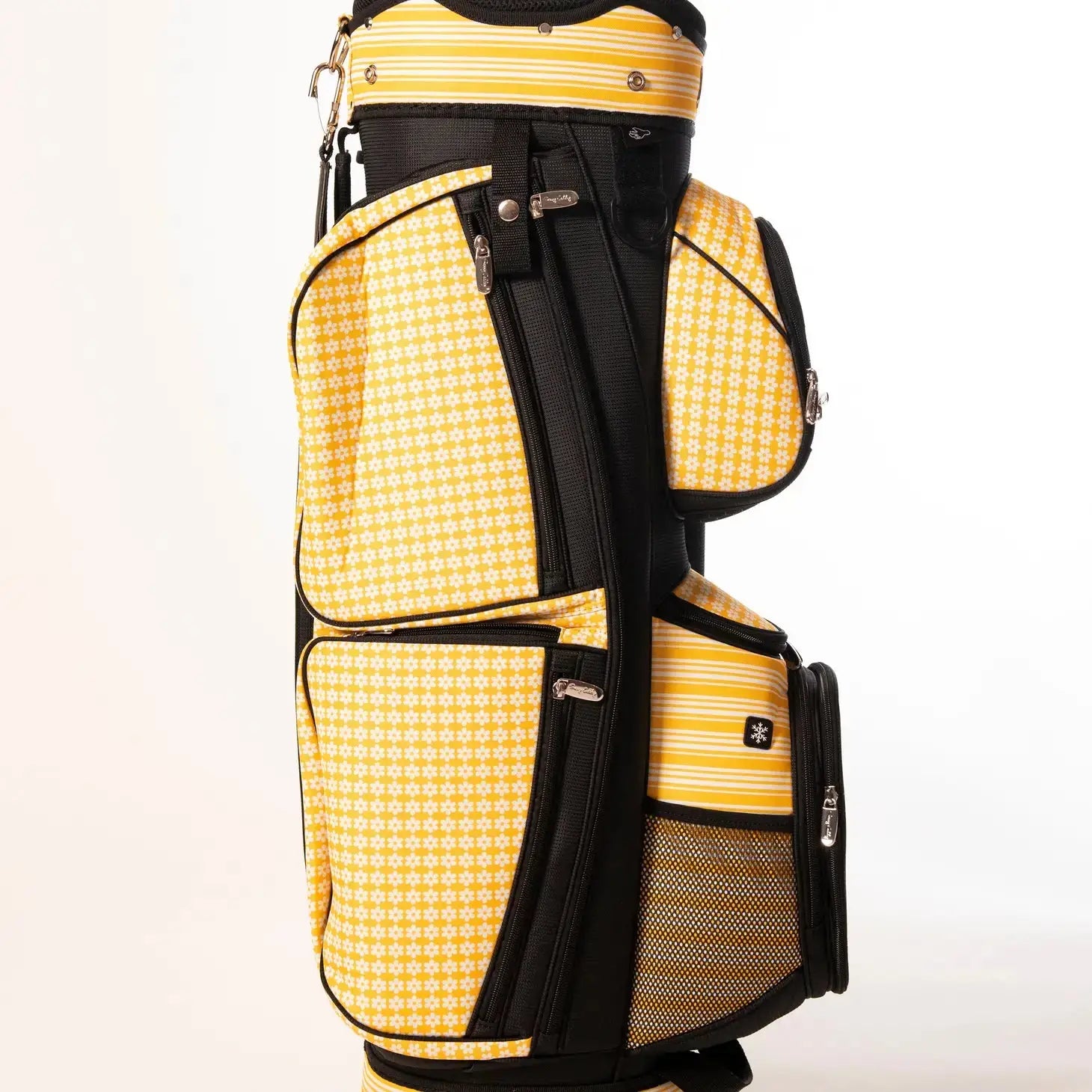 Daisy Golf Cart Bag from Runway Athletics. This playful daisy print, along with our black honeycomb fabric, is a striking combination.