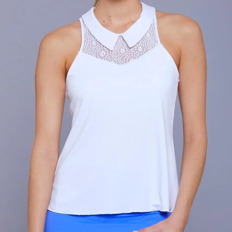 Lace Tennis tank top in White- Runway Athletics. Fitted at the bust and flared hemline, incorporated shelf-bra with pockets for cups.