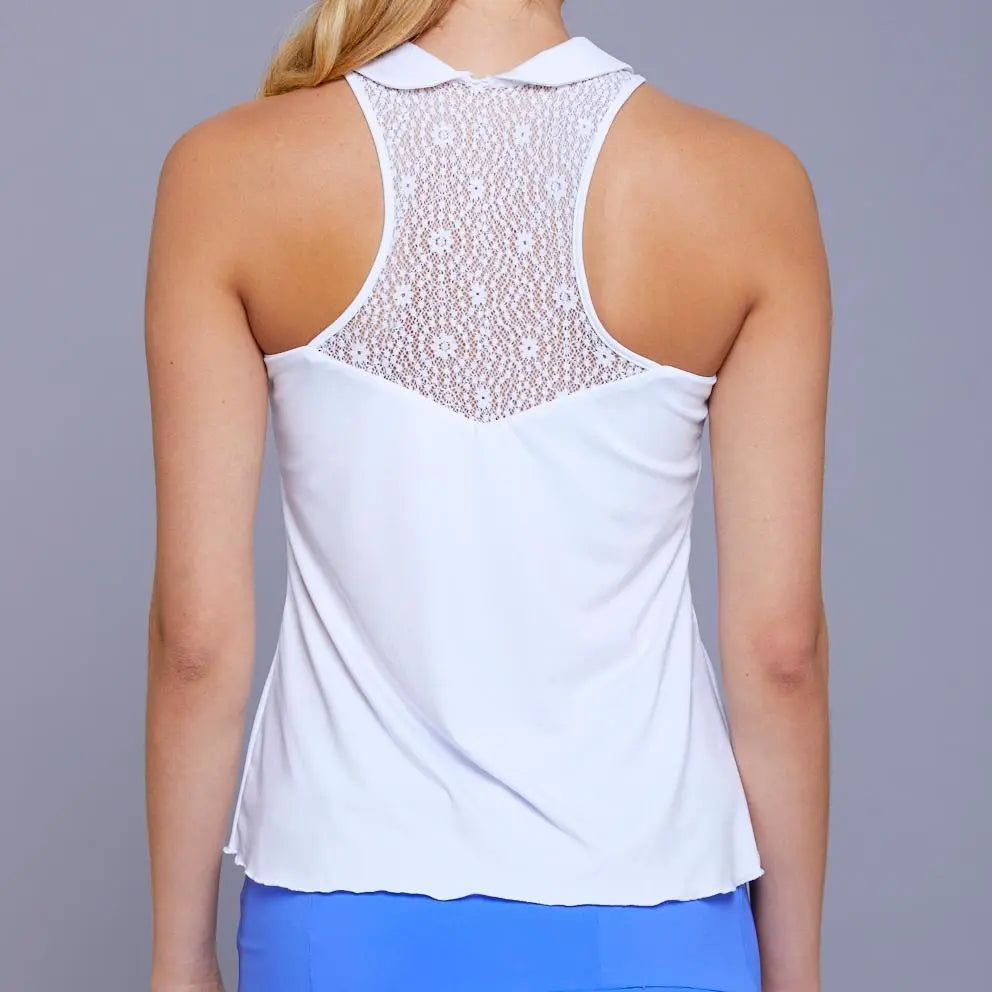 Shop Lace Tennis tank top in White- Runway Athletics. Sleeveless Collar Top, elegant high neckline, and small pointed collar. 