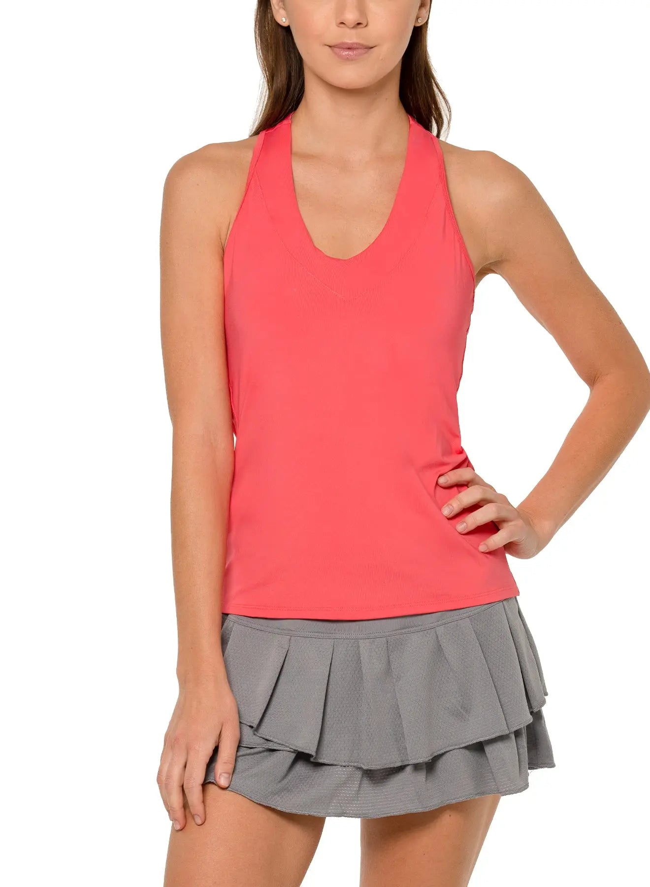 Shop Lucky IN Love v-neck tank w/ Bra- Runway Athletics. V-neck, racerback tank with a built-in bra and side mesh inserts.
