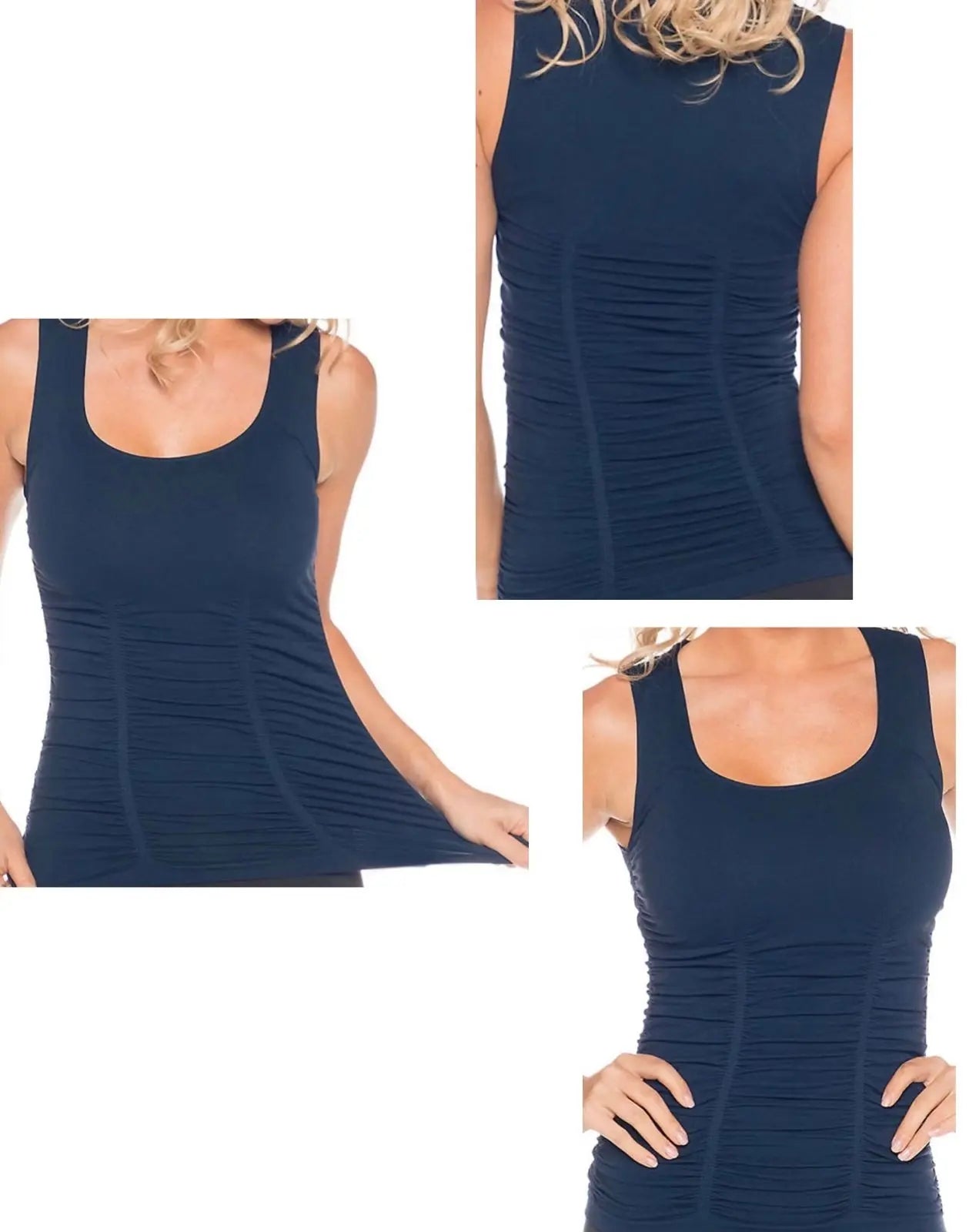 Ruched Tank in Navy online- Runway Athletics. This Tank is a must for ultra-flattering lightweight wear on and off the court.