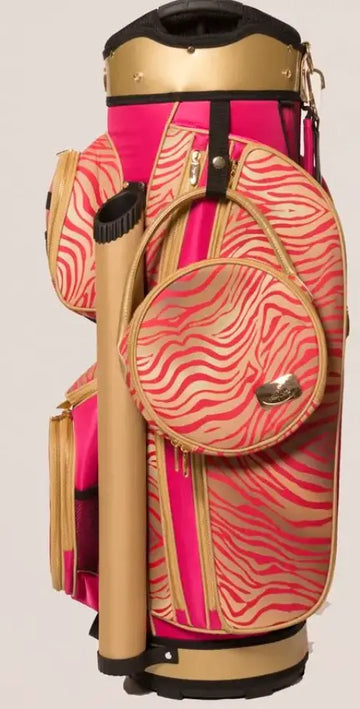 Shop online Ladies Golf cart bag- Runway Athletics. Fiercely elegant zebra print mixed with vibrant hot pink wins on the golf course.