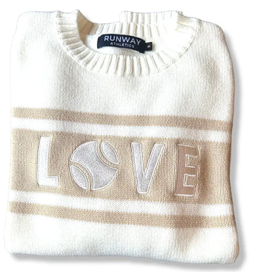 Womens Tennis Sweater in camel & Off White. Our classic LOVE Sweater with embroidered appliqué is simple and chic. 