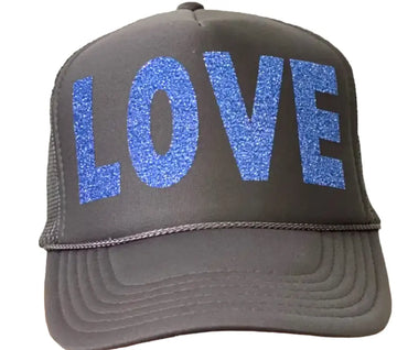 Shop LOVE Sparkle Pickleball Caps in Grey color with Blue Sparkle. Charcoal / bright blue glitter. Made in the United States