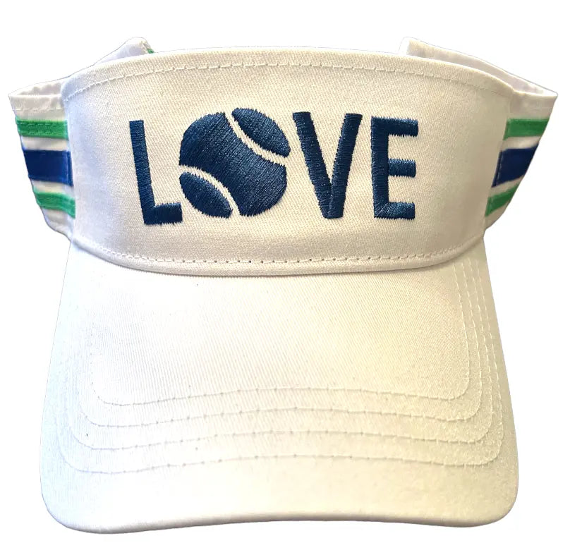 Shop this white tennis visor. They are made with the finest white cotton canvas, blue and green accent stripes on the sides