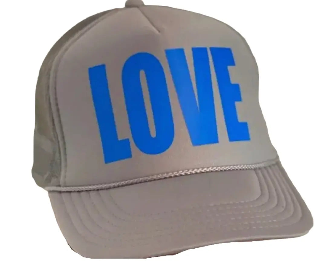 Buy online this Womens Tennis hat in soft Grey from Runway Athletics.  LOVE on a light grey trucker hat with bright blue font.