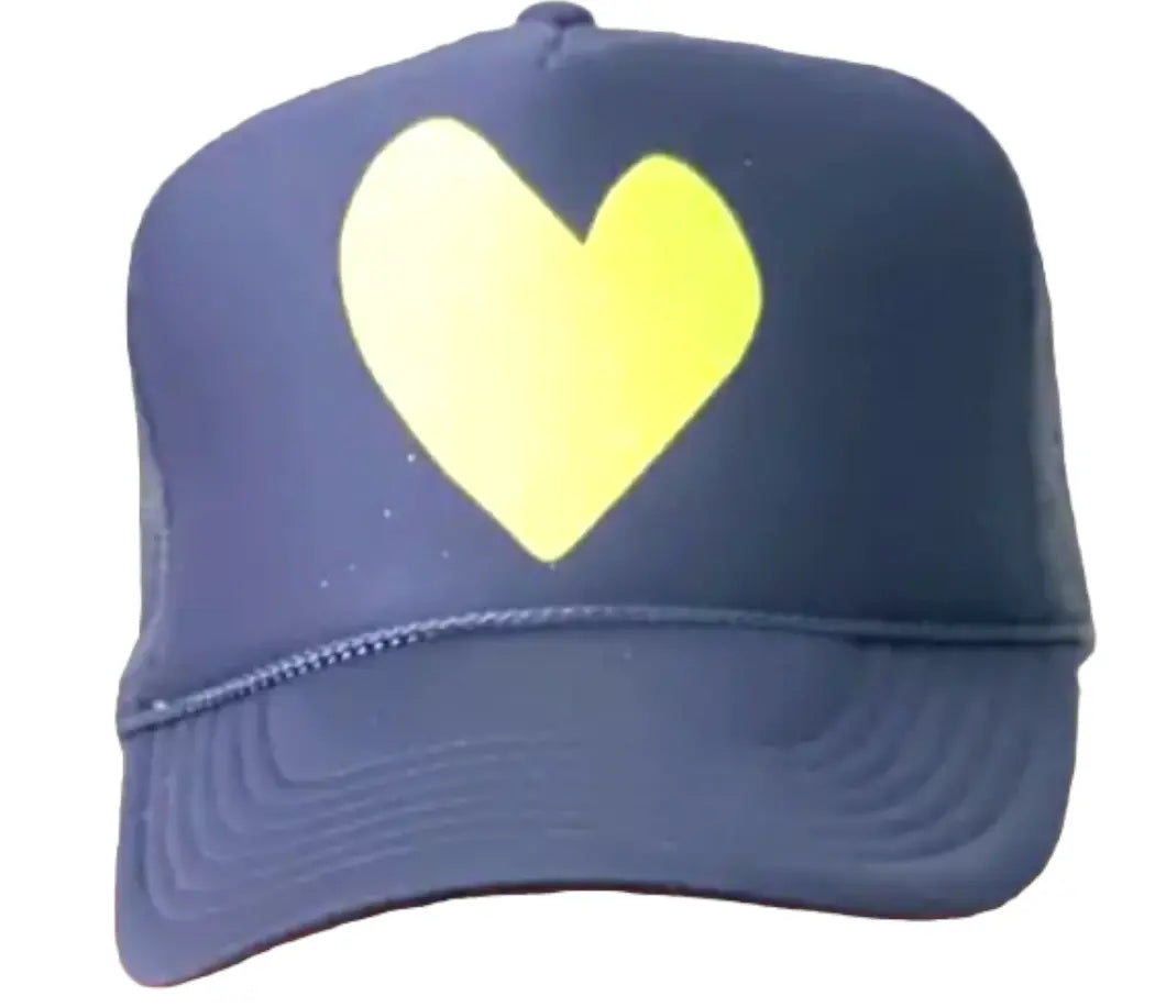 Shop online this navy trucker hat from Runway Athletics. Navy Heart Trucker with neon yellow glitter font. Gives you a Stylish look.