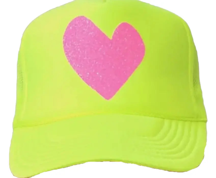 Heart Trucker cap in Lemon color- Runway Athletics. Neon yellow trucker with glitter pink heart. Interior French terry sweatband