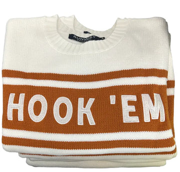 Buy online Texas Longhorn Sweater- Runway Athletics. Featuring burnt orange banner & playful "whimsy" sized HOOK 'EM embroidery.  