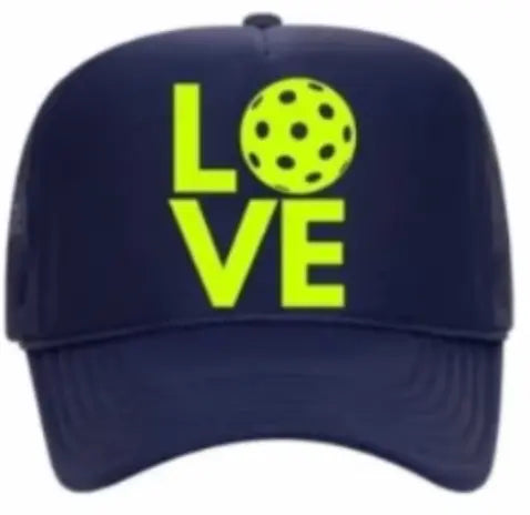 LOVE Pickleball Trucker Hat in Navy/Yellow- Runway Athletics. These stylish, colorful hats will offer exceptional sun protection.