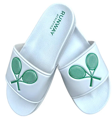 Double Trouble Tennis Rubber Slides in White- Runway Athletics. Slide these on your feet after a long match & your feet will thank you.