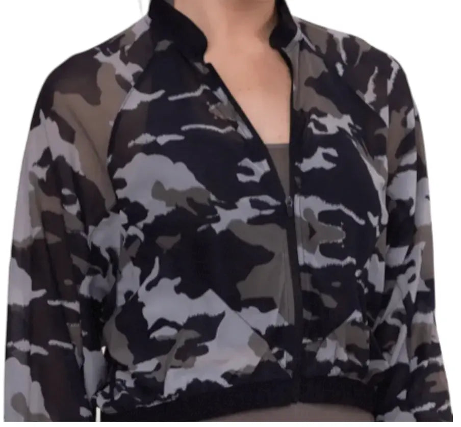 Shop online semi-sheer cropped zip-up camo jacket from Runway Athletics.  It comes with raglan sleeves and subtle panels.