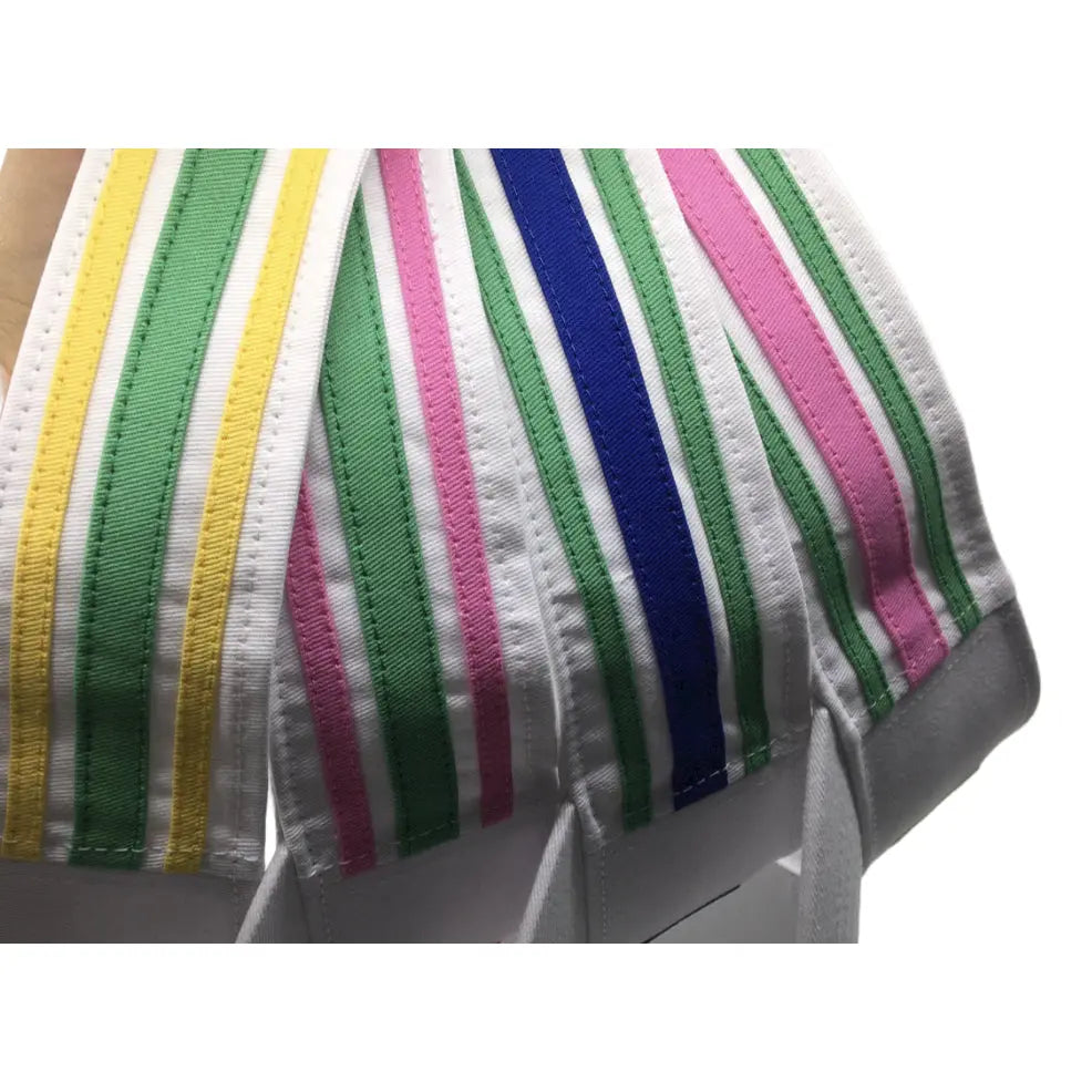Upgrade your headwear collection with our fashionable White Visor Hat. yellow and green accent stripes on sides.